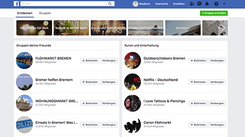 Darstellung verschiedener Facebook-Gruppen