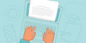 Illustration von Händen, die am Laptop einen Text schreiben